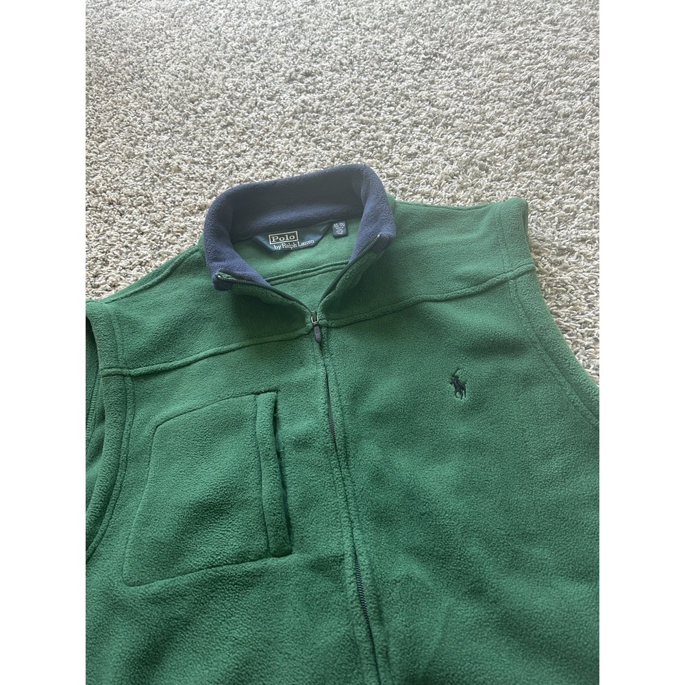 Polo Ralph Lauren Men's XL Green Fleece Full Zip Sleeveless Vest Navy Collar